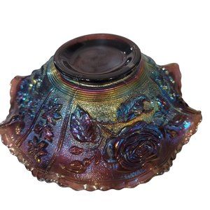 vintage electric purple iridescent carnival glass bowl with a floral rose print